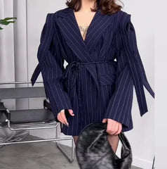 Spring and Autumn Stripe Printed Large Collar Loose Tie Strap Suit Coat Women's Fashion Commuting Professional Wear