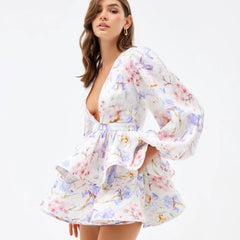 Printed Ruffled Hem Halter Puffy Dress Women Backless Sleeveless High Waist Lace Up Sexy Vacation Party Short Dresses Colorful