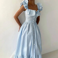 Flying Sleeves Striped Flounce Halter Dress Woman Waist Cinching Single Breasted A-Line Robes Chic Fashion Women's Long Dresses
