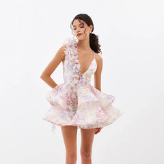 3D Flowers Lace Up Halter Dress Woman Printed Layered Backless Deep V-Neck Pleated Puffy Dress Fashion Women Summer Beach Dress