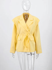Elegant Solid Lapel Blazer Jackets Women Long Sleeve Single Button Lace Up Coats 2025 Spring Summer Fashion Street Lady Jacket
