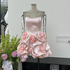 New Bubble Dress 3D Flower Tight Strapless Backless Luxury Sexy Cocktail Party Women's Clothing Evening Wedding Mini Dresses