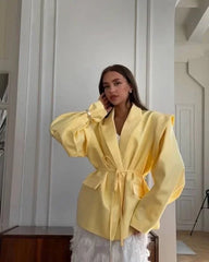 Elegant Solid Lapel Blazer Jackets Women Long Sleeve Single Button Lace Up Coats 2025 Spring Summer Fashion Street Lady Jacket
