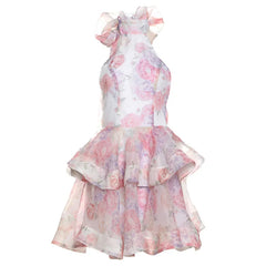 Printed Ruffled Hem Halter Puffy Dress Women Backless Sleeveless High Waist Lace Up Sexy Vacation Party Short Dresses Colorful