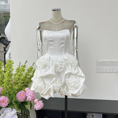 New Bubble Dress 3D Flower Tight Strapless Backless Luxury Sexy Cocktail Party Women's Clothing Evening Wedding Mini Dresses