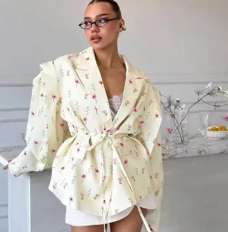 Elegant Solid Lapel Blazer Jackets Women Long Sleeve Single Button Lace Up Coats 2025 Spring Summer Fashion Street Lady Jacket