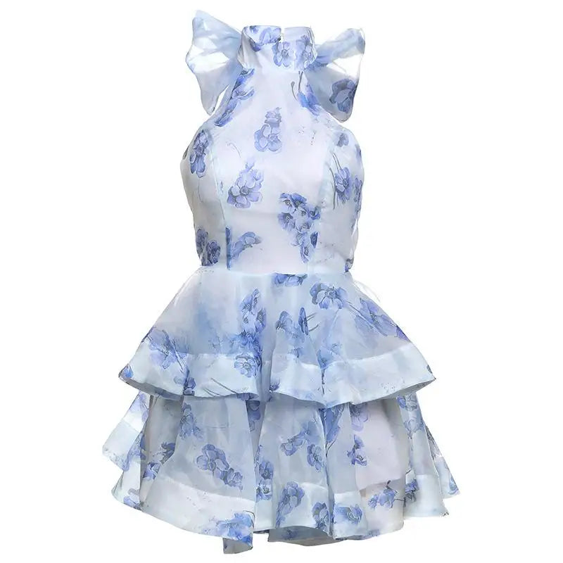 Printed Ruffled Hem Halter Puffy Dress Women Backless Sleeveless High Waist Lace Up Sexy Vacation Party Short Dresses Colorful