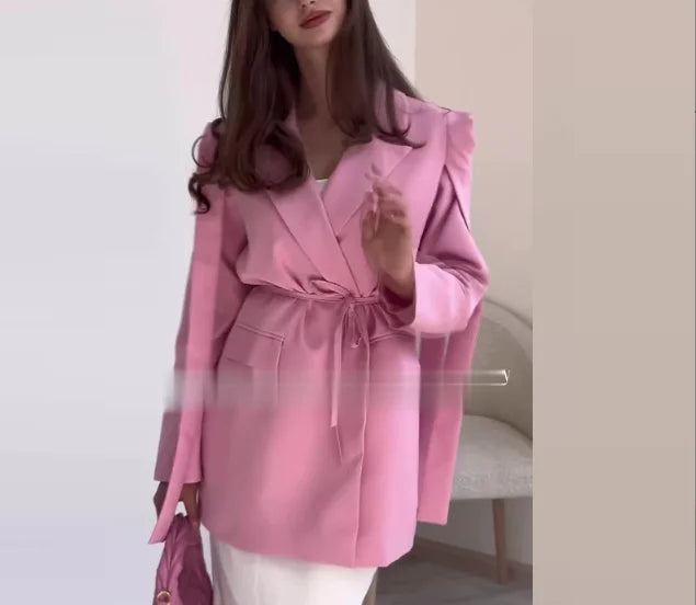 Spring and Autumn Stripe Printed Large Collar Loose Tie Strap Suit Coat Women's Fashion Commuting Professional Wear