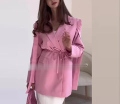 Spring and Autumn Stripe Printed Large Collar Loose Tie Strap Suit Coat Women's Fashion Commuting Professional Wear