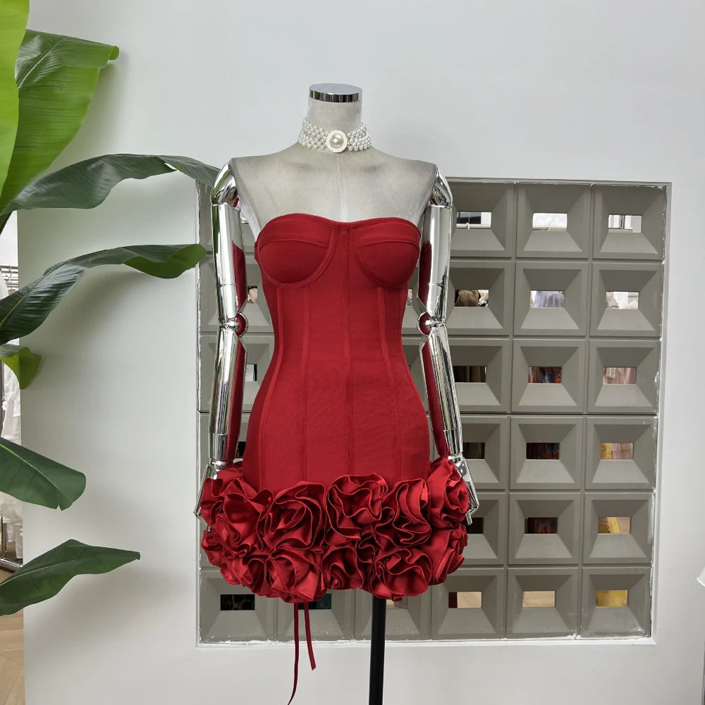 New Bubble Dress 3D Flower Tight Strapless Backless Luxury Sexy Cocktail Party Women's Clothing Evening Wedding Mini Dresses