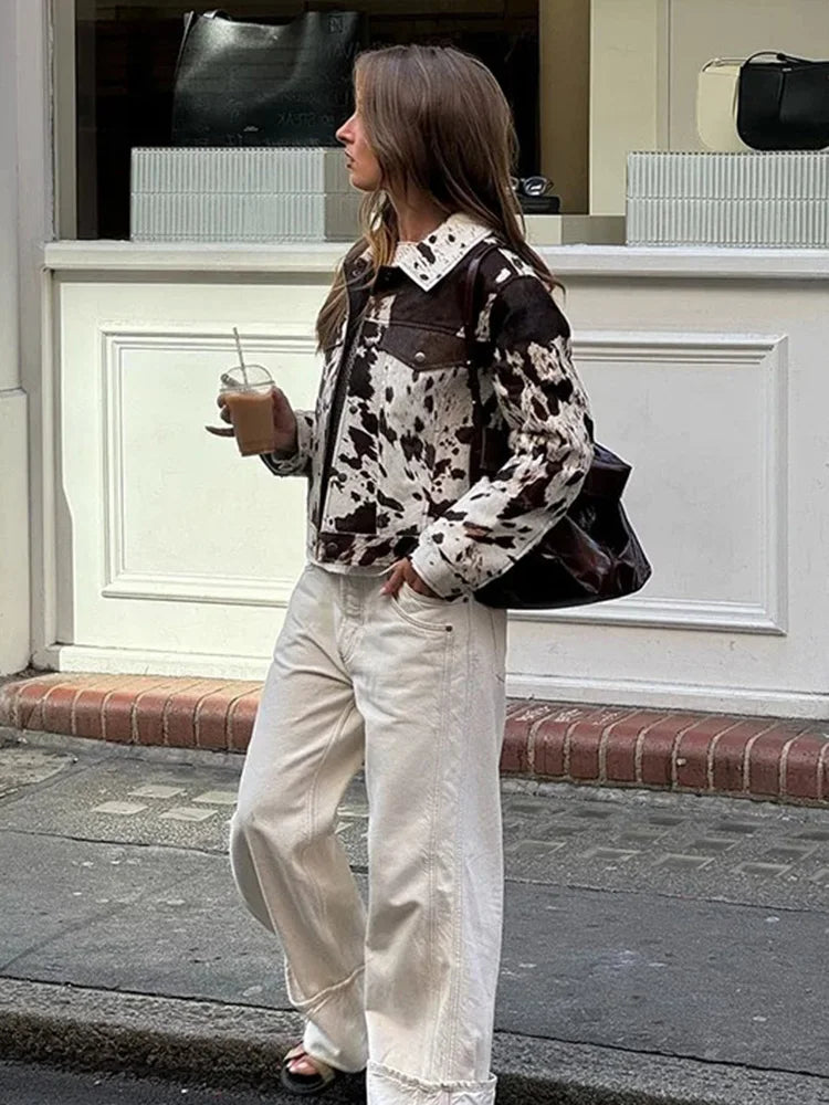 TRAF Women's Fashion Printed Lapel Jacket Casual Short Long Sleeve Patch Pocket Jacket High Street Commuter Autumn Jacket