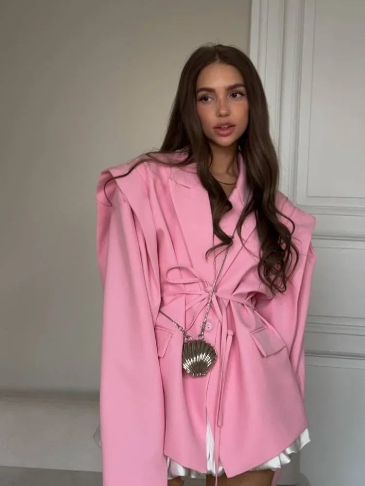 Elegant Solid Lapel Blazer Jackets Women Long Sleeve Single Button Lace Up Coats 2025 Spring Summer Fashion Street Lady Jacket