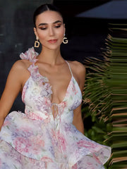 3D Flowers Lace Up Halter Dress Woman Printed Layered Backless Deep V-Neck Pleated Puffy Dress Fashion Women Summer Beach Dress