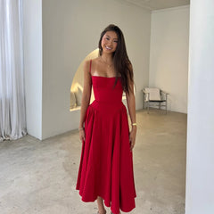 Suninheart Spaghetti Strap Summer Party Dresses 2025 New Arrivals Fit and Flare Elegant Midi Dress Red Night Date Dress