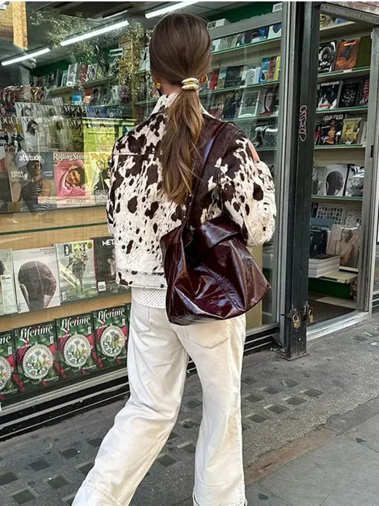 TRAF Women's Fashion Printed Lapel Jacket Casual Short Long Sleeve Patch Pocket Jacket High Street Commuter Autumn Jacket