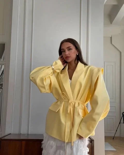 Elegant Solid Lapel Blazer Jackets Women Long Sleeve Single Button Lace Up Coats 2025 Spring Summer Fashion Street Lady Jacket