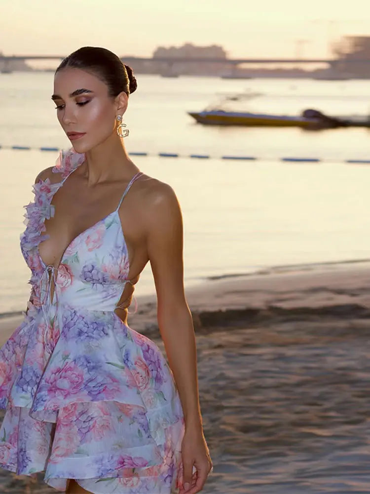 3D Flowers Lace Up Halter Dress Woman Printed Layered Backless Deep V-Neck Pleated Puffy Dress Fashion Women Summer Beach Dress