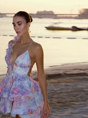 3D Flowers Lace Up Halter Dress Woman Printed Layered Backless Deep V-Neck Pleated Puffy Dress Fashion Women Summer Beach Dress