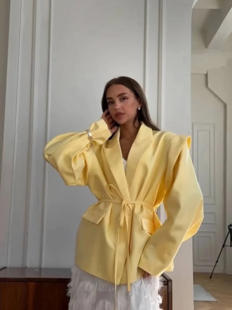 Elegant Solid Lapel Blazer Jackets Women Long Sleeve Single Button Lace Up Coats 2025 Spring Summer Fashion Street Lady Jacket