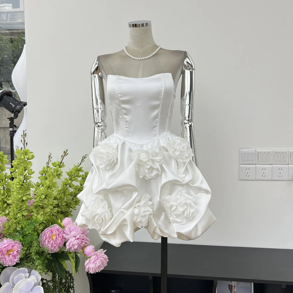 New Bubble Dress 3D Flower Tight Strapless Backless Luxury Sexy Cocktail Party Women's Clothing Evening Wedding Mini Dresses