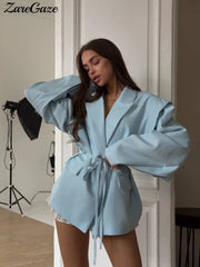 Elegant Solid Lapel Blazer Jackets Women Long Sleeve Single Button Lace Up Coats 2025 Spring Summer Fashion Street Lady Jacket